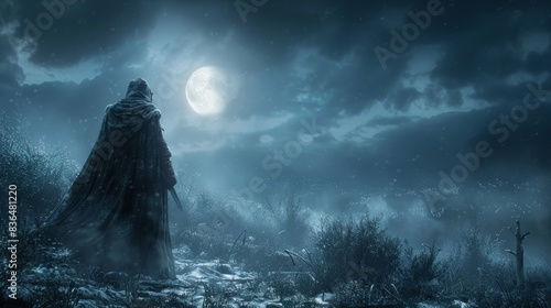 Elegant knight, veil billowing, framed by a hauntingly beautiful dark landscape under the moonlight