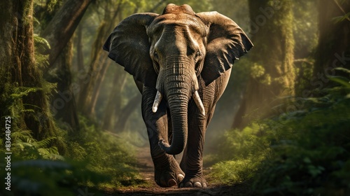 Photograph of a majestic elephant striding gracefully through a lush green forest, sunlight filtering through the trees casting dappled shadows on its skin. 