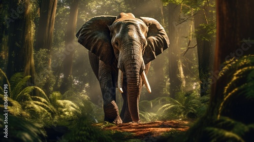 Photograph of a majestic elephant striding gracefully through a lush green forest, sunlight filtering through the trees casting dappled shadows on its skin. 