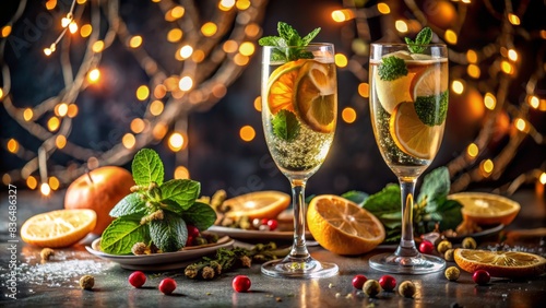 Sparkling champagne flutes, garnished with citrus slices and fresh mint, sit amidst festive decorations and confetti on a dark, velvet tablecloth, awaiting midnight toast.