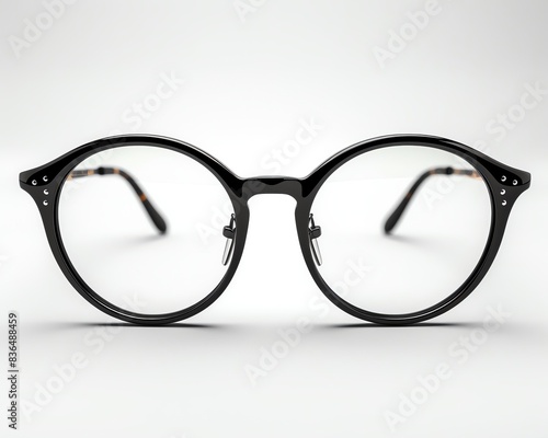 Close-up of stylish round black eyeglasses with clear lenses on a plain background, showcasing modern eyewear design.