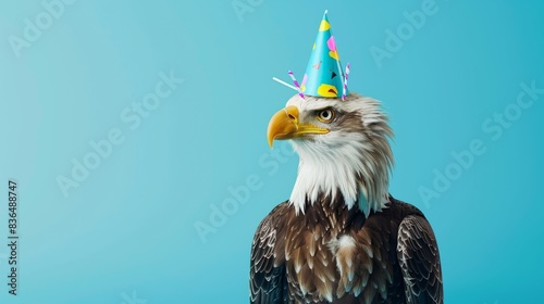 A high-quality, 4K image capturing a comical eagle with a birthday hat against a bright blue background.