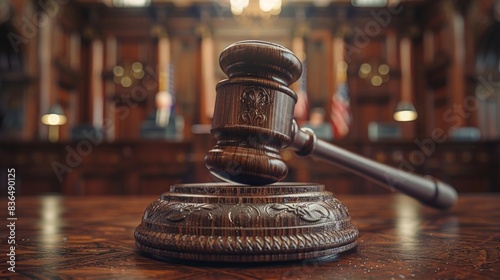Macro shot of the gavel's head, showing intricate wood grain, with blurred courtroom scene in the background, symbolizing justice