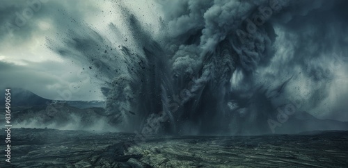 A chaotic frenzy of ash and wind converging in a terrifying volcanic ash whirlwind.