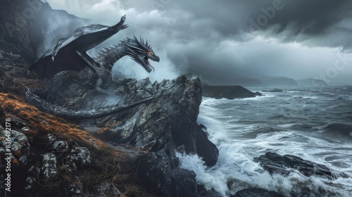 Powerful Dragon Perching on Stormy Cliff.