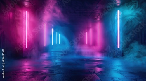Empty stage, blue and pink, purple neon, abstract background. Rays of searchlights, light, abstract tunnel, corridor. Dark futuristic background, smoke