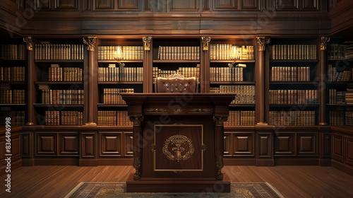 Classic podium with a mahogany finish, placed in a historic library with rich wooden shelves, ideal for literary readings