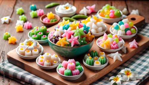 Colorful Assortment of Thai Desserts, on a wooden cutting board. The colorful treats, featuring delicate flower shapes and vibrant hues,