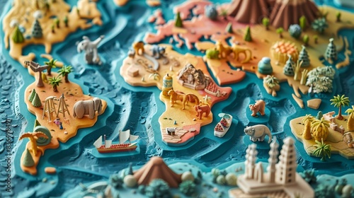 Detailed plasticine 3D map with each continent in a different bright color, decorated with miniature animals and landmarks