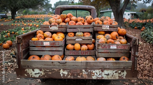 Crates of pumpkins tightly packed and labeled, sitting in the back of a vintage pickup truck ready to depart