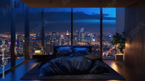 High bedroom overlooking the city, large windows, at night the lights of the world are visible outside the window, a soft and romantic atmosphere, interior design