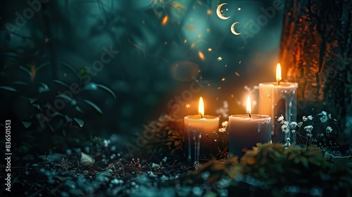 Immerse yourself in a mystical setting deep within the forest where flickering candles and a symbolic moon amulet cast their glow against the dark abstract backdrop of nature Here the ancie copy space
