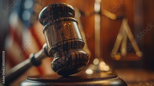 Close-up shot of a gavel with a faint reflection of the American flag in the polished wood, symbolizing justice