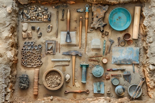 A top-down view of an archaeological dig site with tools and unearthed artifacts