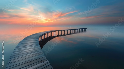 Long wooden bridge over calm sea water at sunset, tranquil landscape with colorful sky and reflection in the lake. Panoramic view of a long curved pier on the ocean horizon