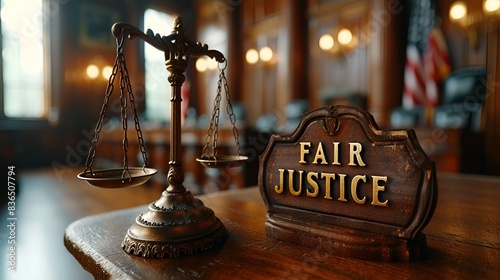 FAIR JUSTICE” sign - Scales of Justice - courtroom - legal case - prosecution - jury - trial 