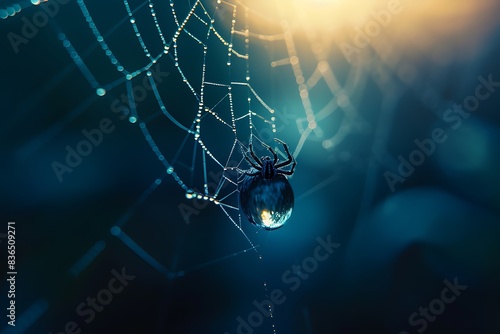 A water drop trapped in a spidera??s web, reflecting the morning light