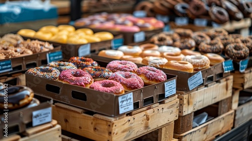 Close-up view of packed crates with labeled donuts, diverse flavors and colors, set for dispatch