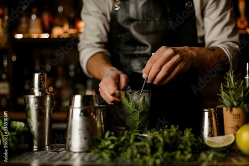 Close-up of a bartender making a herbal drink 