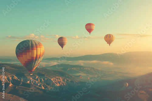 A majestic hot air balloon soars above rugged mountain peaks, its vibrant colors painting a vivid contrast against the awe-inspiring natural landscape, creating an exhilarating scene of adventure and 