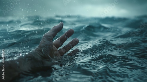 A desperate hand reaches out from the sea, a silent cry for help amidst the vastness of the high seas, captured in a close-up under the foreboding light.
