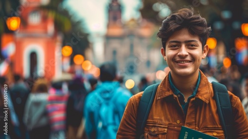 Joyful Hispanic Man Celebrating New Citizenship with Passport in Vibrant Cityscape