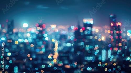 Blurred cityscape at night with bokeh lights, offering a stylish background with room for text