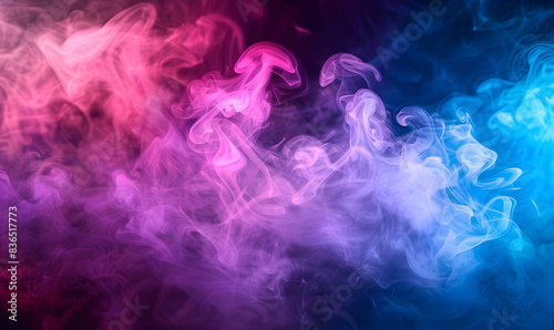 Beautiful horizontal column of smoke in the neon bright light of blue pink and orange on a black background exhaled out of the vape mocap and print for t-shirt.