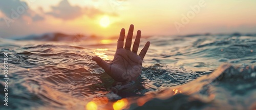 A desperate hand reaches out from the sea, a silent cry for help amidst the vastness of the high seas, captured in a close-up under the foreboding light.