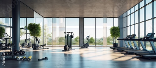 Gym room interior with sports and fitness equipment and panoramic windows