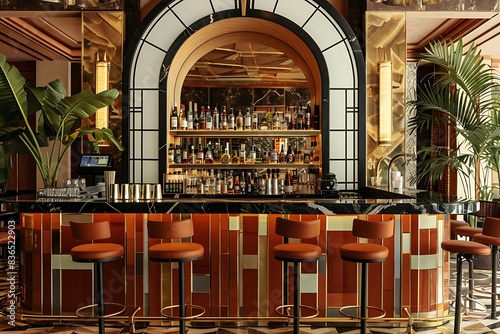 An art deco-inspired bar area with bold geometric patterns and metallic finishes.