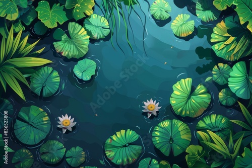 A top view of a swamp or lake reveals nenuphars or water lily pads floating on the surface. This natural background depicts a deep marsh with lotus leaves, a wild pond covered with duckweed, and water