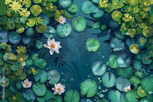 A top view of a swamp or lake reveals nenuphars or water lily pads floating on the surface. This natural background depicts a deep marsh with lotus leaves, a wild pond covered with duckweed, and water