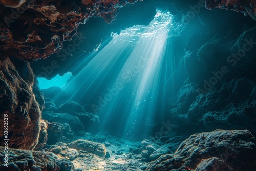 An underwater cave is illuminated by sunlight streaming through the water, casting a mesmerizing glow on the rocks within, creating a serene and enchanting scene.
