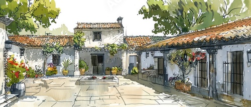 wallpaper illustration of rural courtyards, very artistic with warm watercolors 