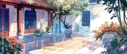 wallpaper illustration of rural courtyards, very artistic with warm watercolors 