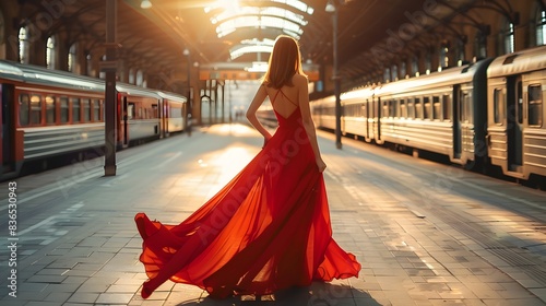 beautiful woman in red dress walking at train station