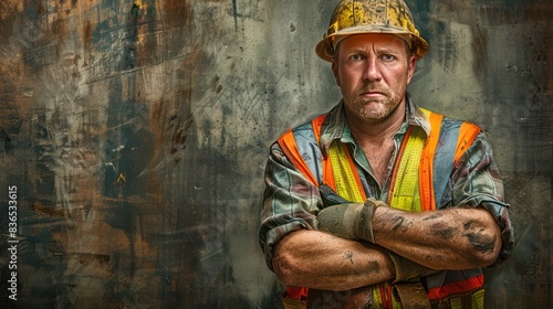 Construction project worker wearing vests and hard helmets, posing with arms crossed. Close up view angle.