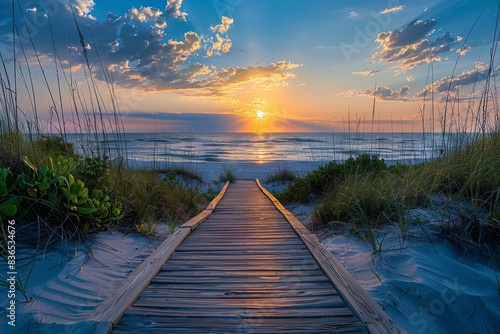 A serene boardwalk scene leads towards the ocean at sunset, offering a picturesque path to the beauty of the evening horizon.