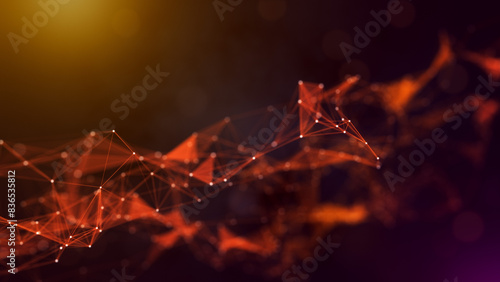Abstract Inspiring Yellow and Purple Light Flares with Plexus Random Connected Lines, Dots, and Triangles Wireframe, Flying Blurry Hazy Glitter Bokeh Background