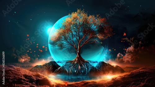 tree of life moon illustration, dark background, mystical, spiritual concept