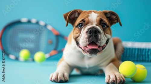 A cute English Bulldog lies next to a tennis racket and balls, looking up at the camera with a happy expression on its face.