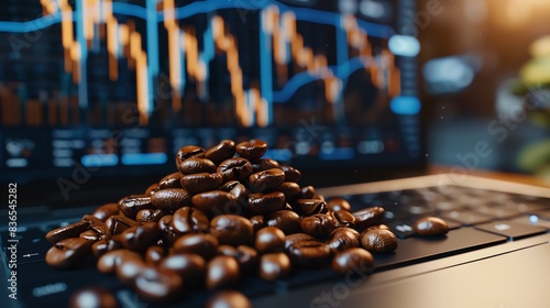 Coffee beans on a laptop keyboard with stock market graphs. Concept of commodities trading and financial market analysis.