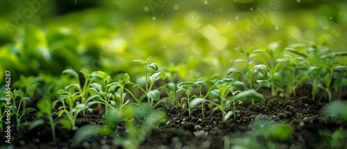 A wide-angle view of fertile soil in a quiet environment, showcasing the beginning of lush greenery in spring. The focus is on delicate seedlings emerging from the rich earth, promising growth