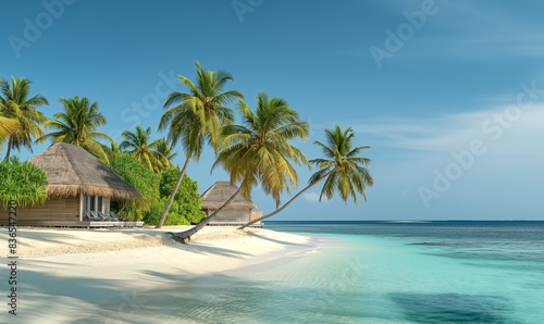 A serene beach scene with palm trees and thatched roof huts overlooking the crystal clear turquoise waters. In front is an island with lush greenery and several overwater huts