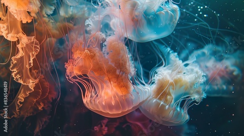 A group of colorful jellyfish pulsing rhythmically through the water, creating a mesmerizing display.
