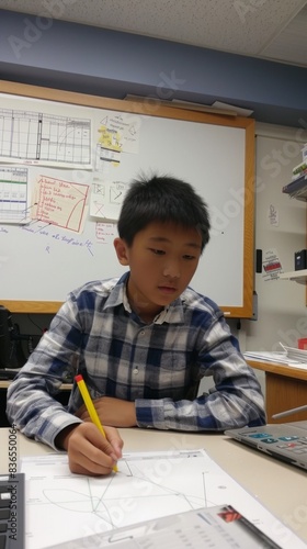 Boy sitting at a desk with a laptop and a pencil, school background 