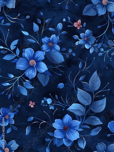 A seamless pattern of Azure and Banana Mania flowers, leaves and vines on a Fandango background, as a flat vector illustration drawn in the style of hand drawing, simple yet elegan