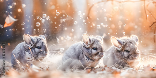 Adorable Trio of Chinchillas in a Dreamy Autumn Setting with Floating Bubbles and Warm Sunlight