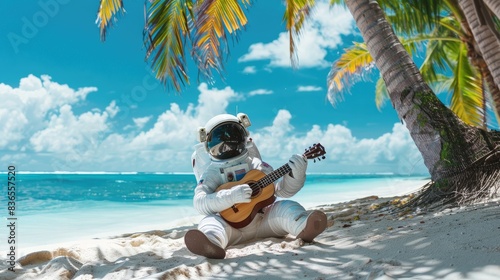 Cosmic Luau Serenade: Astronaut in Hawaiian Attire Playing Ukulele on Beach with Ocean View